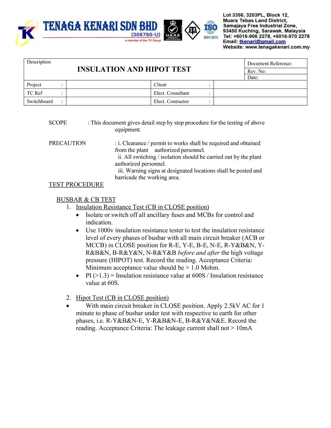 Insulation & HIPOT Test Form 1
