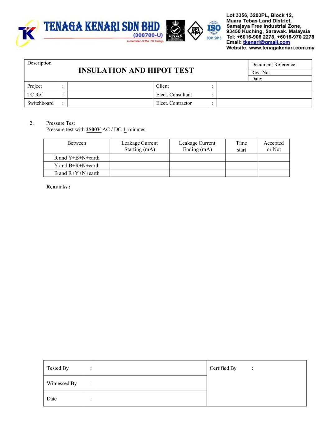 Insulation & HIPOT Test Form 3