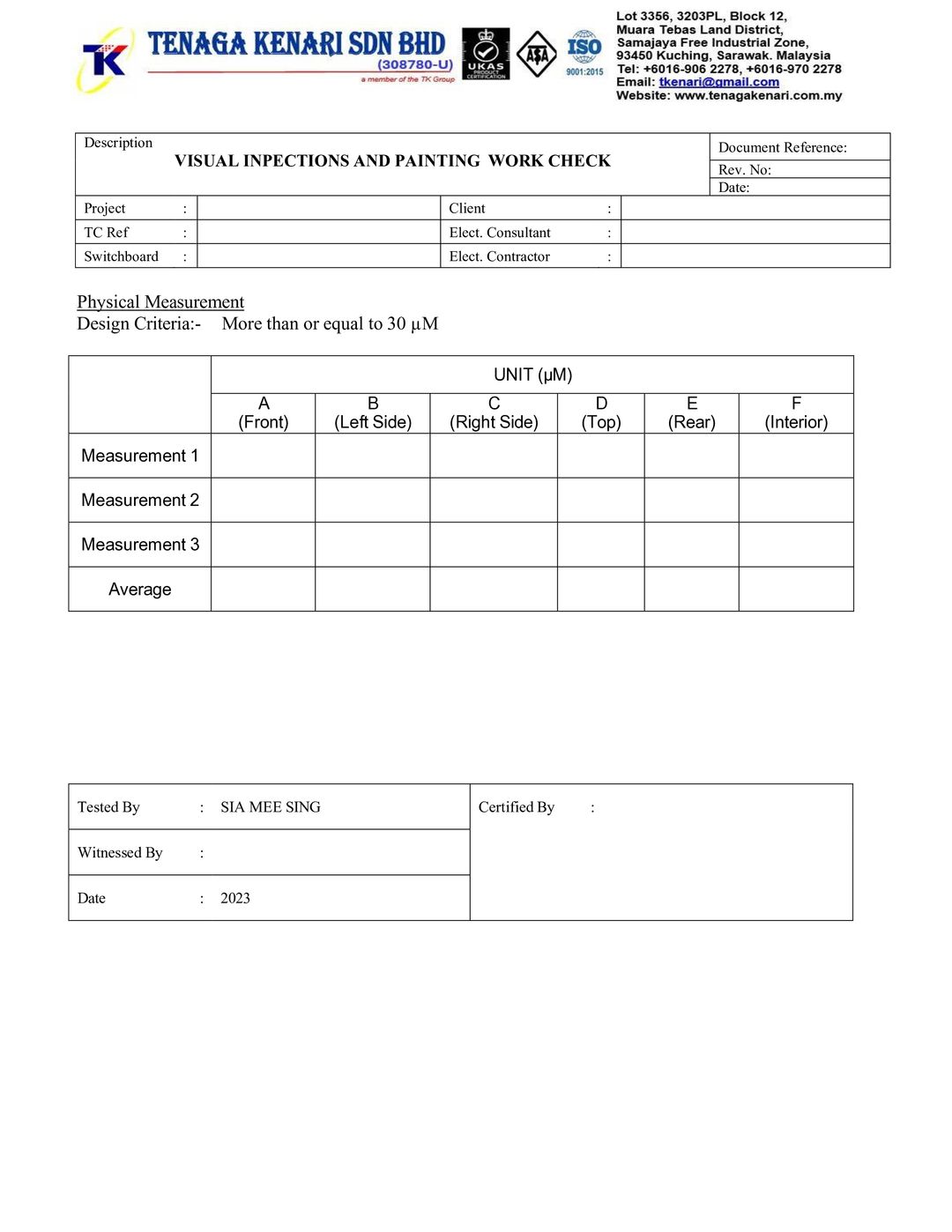 Visual & Paint Check Form 3